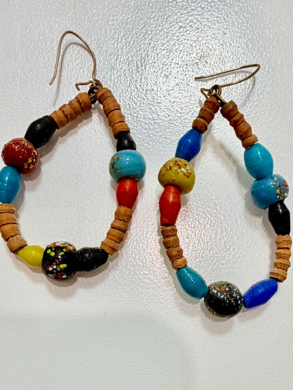Wooden Vintage Boho Beaded Teardrop Hoop Earrings